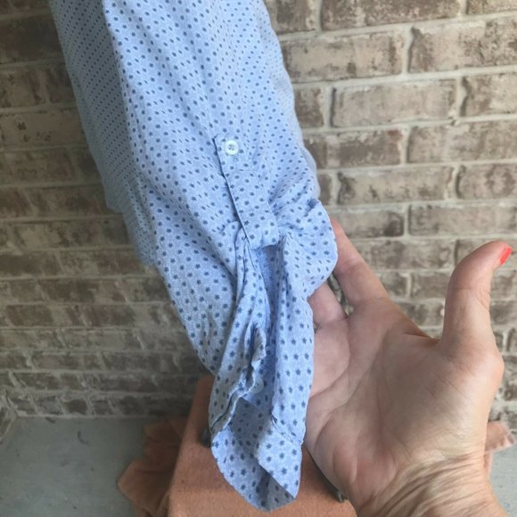 Comma Casual Identity Shirt Blouse Size 40 Hi Low Roll Tab Sleeves Blue … - Picture 7 of 13